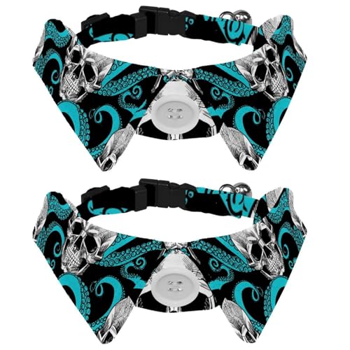 Hundehalsband mit Fliege und Glöckchen, toller Totenkopf-Oktopus, blau, verstellbares Revers-Design, Katzenfliege, Halsband für kleine Haustiere, 2 Stück von lcndlsoe