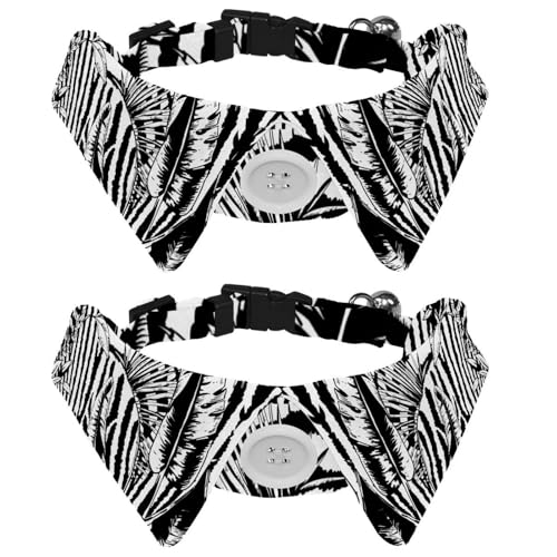Hundehalsband mit Fliege und Glöckchen, tropische Blätter, Zebra, exotisch, natürliches schwarzes Muster, verstellbares Revers-Design, Katzen-Fliege, Halsband für kleine Haustiere, 2 Stück von lcndlsoe