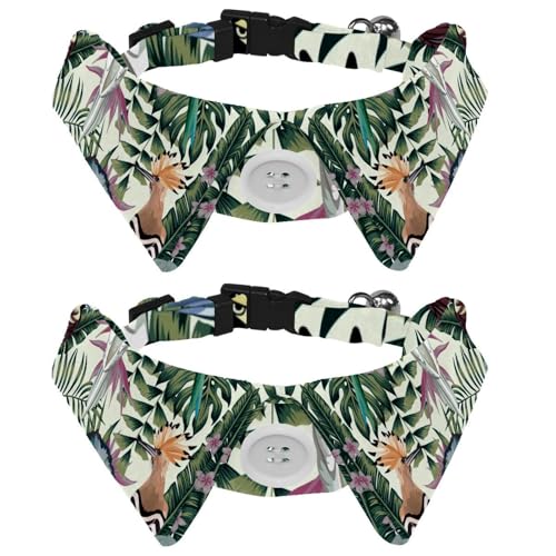 Hundehalsband mit Fliege und Glöckchen, tropische Vögel, Papageien, Dschungel, Pflanzen, Blätter, Blumen, Muster, verstellbares Revers-Design, Katzen-Fliege, Halsband für kleine Haustiere, 2 Stück von lcndlsoe