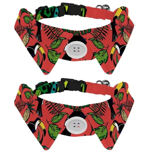 Hundehalsband mit Fliege und Glöckchen, tropischer Tukan, Vogel, Palme, verstellbares Revers-Design, Katzenfliege, Halsband für kleine Haustiere, 2 Stück von lcndlsoe