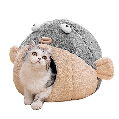 Katzenbetten für Indoor-Katzen – Katzenbett-Höhle mit abnehmbarem, waschbarem Kissen, weiche Plüsch-Baumwolle, Keine Verformung, Haustierbett, Kugelfisch-Katzenhaus-Design, Grau, mehrere Größen (L) von lcybem