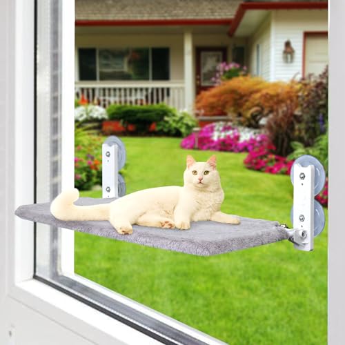 Lcybem Katzenfensterstange - Faltbare Katzenhängematte Fensterbett für Katzen mit 4 starken Saugnäpfen, schnurloser stabiler Metallrahmen, Katzenstange für große Katzen, wendbar, zwei Bezüge, einfach von lcybem
