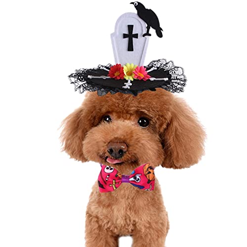 Halloween-Kostüme für Hunde und Katzen, atmungsaktives Halsband mit Schleife, einzigartiges Raven-Grabstein-Kopfstück, Geister-Schleife, bunte Krawatte, Halloween-Partyzubehör, 5 Stück Lear-au von lear-au