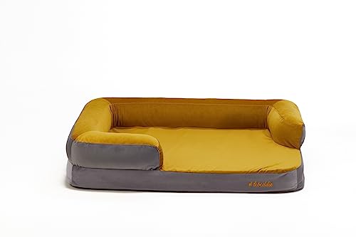 Orthopädisches Hundebett "Kuschelbett" aus Memory-Schaum mit abnehmbarem waschbarem Bezug, Hochwertige Doppelschichtmatratze, wasserdichter Matratzenschoner, für Hunde aller Größen (L, Grau und Gelb) von #lebeddie