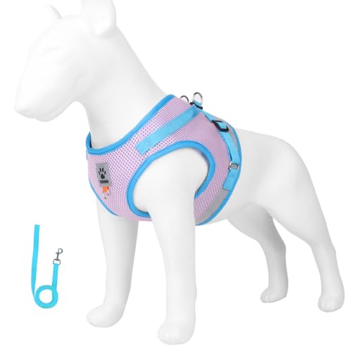 leconpet Hundegeschirr und Leine, reflektierendes Hundegeschirr und Weste, Klettverschlüsse und Schnallen-Design kombiniert mit doppeltem D-Ring auf Rücken und Brustring (Rosa, L) von leconpet