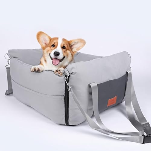 Meduim Hundeautositz für mittelgroße Hunde, wasserdichte Hundetrage für Autos mit 4 Taschen, Haustierauto-Booster für kleine Hunde mit strapazierfähigem Gürtel bis zu 11,3 kg, weiches Plüschkissen von lefarfadet