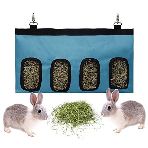 Kaninchen Heutasche Meerschweinchen Futterstation Futterspender Kleintiere Heutasche Futtersack für Hase Chinchilla Hamster Kleine Tiere (4 Fenster, Blau) von lenpestia