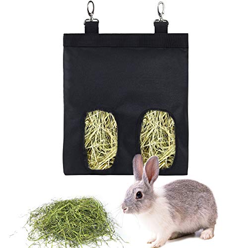 Kaninchen Heutasche Meerschweinchen Futterstation Futterspender Kleintiere Heutasche Futtersack für Hase Chinchilla Hamster Kleine Tiere (2 Fenster, Schwarz) von lenpestia