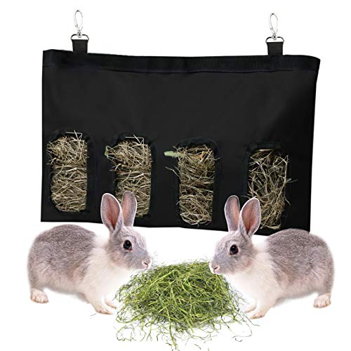 Kaninchen Heutasche Meerschweinchen Futterstation Futterspender Kleintiere Heutasche Futtersack für Hase Chinchilla Hamster Kleine Tiere (4 Fenster, Schwarz) von lenpestia