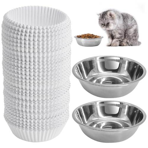 Einweg-Katzen-Futternäpfen-Set, enthält 300 kleine Papierschüsseln für Katzen und 2 Edelstahlnäpfe, Katzenteller, Futternapf für Nassfutter, Katzen und Hunde von letesult