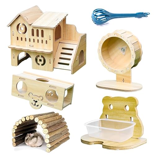 LIFEBEA Hamster-Holzhaus Deluxe Kleintier-Spielzeug-Set Villa & Laufrad & Futterbox Halter & Wippe Eimer 7-teilig von lifebea
