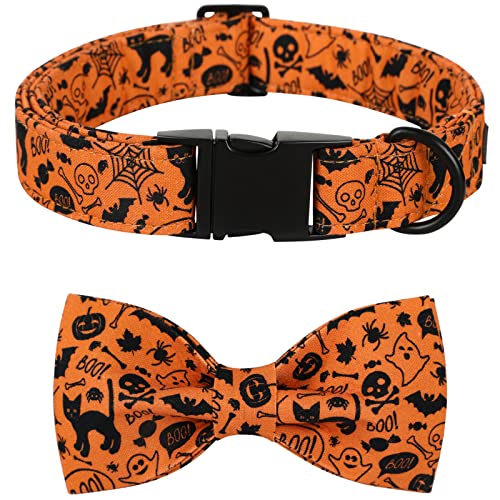 Lionet Paws Halloween Hundehalsband mit Fliege, Langlebiges Bequemes Baumwolle Halsband mit Metall-Klickverschluss für Hunde und Katzen, Hals 18-28cm von lionet paws