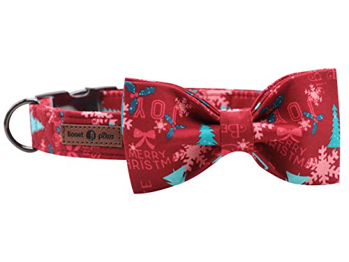 Lionet Paws Weihnachten Hundehalsband mit Fliege, Langlebiges Bequemes Baumwolle Halsband mit Metall Steckverschluss für Hunde, Hals 40-66cm von lionet paws