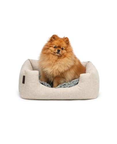 lionto Hundekörbchen mit flauschigem Wendekissen, kuscheliges Heimtierbett in meliertem Design mit tiefem Einstieg für Hunde & Katzen Aller Größen, 60x50 cm, weiches Hundebett, beige von lionto