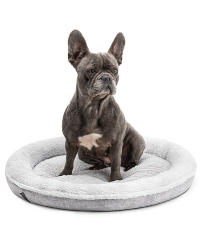 lionto Hundekörbchen rund in Donut-Form, Ø 65 cm, Heimtierkissen für Hunde & Katzen mit waschbarem Bezug & Anti-Rutsch-Noppen, kuscheliges Hundebett aus Oxford-Leinen & Plüsch, grau von lionto