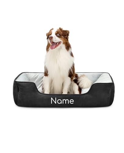lionto Hundebett 2-in-1 mit komfortablem Einstieg, kuscheliges Heimtierbett zum Wenden für Hunde und Katzen, 110x80 cm, Hundekissen in pflegeleichter Wildlederoptik, schwarz/grau (Namensaufdruck) von lionto