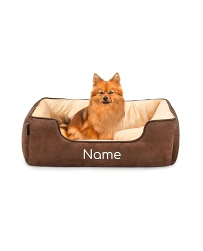 lionto Hundebett 2-in-1 mit komfortablem Einstieg, kuscheliges Heimtierbett zum Wenden für Hunde und Katzen, 80x60 cm, Hundekissen in pflegeleichter Wildlederoptik, braun/beige (Namensaufdruck) von lionto