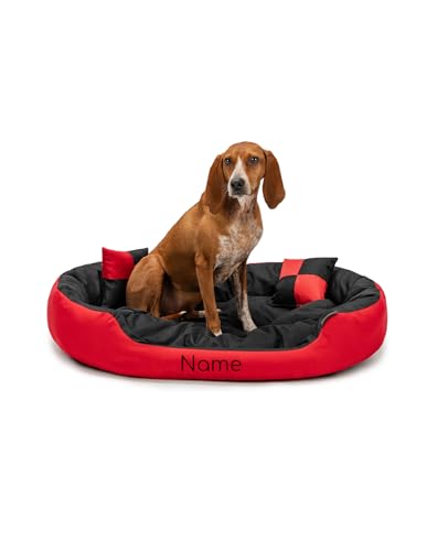 lionto Hundebett 4-in-1 mit Wendekissen aus robustem Oxford, 85x70 cm, Heimtierkissen Kratzfest mit tiefem Einstieg für Katzen und Hunde Aller Größen, wasserabweisend, rot/schwarz (Namensaufdruck) von lionto