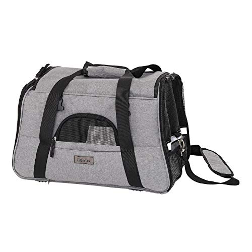 lionto Hundetransportbox faltbar für unterwegs mit Tragegriffen & Schultergurt, 48,5x27x31,5 cm, aus robustem Oxford-Stoff & Netzgewebe, Katzentransportbox mit weichem Kissen für im Flugzeug, grau von lionto