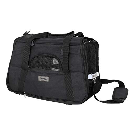 lionto Hundetransportbox faltbar für unterwegs mit Tragegriffen & Schultergurt, 48,5x27x31,5 cm, aus robustem Oxford-Stoff & Netzgewebe, Katzentransportbox mit weichem Kissen für im Flugzeug, schwarz von lionto