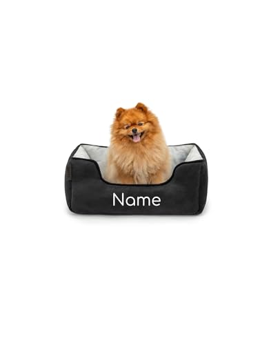 lionto Hundebett 2-in-1 mit komfortablem Einstieg, kuscheliges Heimtierbett zum Wenden für Hunde und Katzen, 60x50 cm, Hundekissen in pflegeleichter Wildlederoptik, schwarz/grau (Namensaufdruck) von lionto