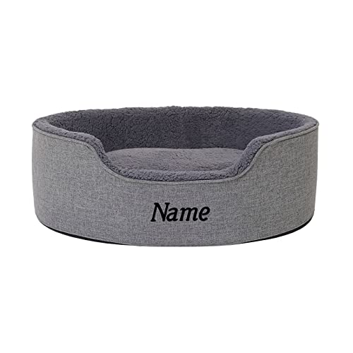 lionto Hundebett mit Wendekissen und waschbarem Bezug, formstabiles Hundekörbchen mit Anti-Rutsch-Noppen, 73x60 cm, kuscheliges Heimtierbett für Hunde und Katzen mit Plüsch, grau (Namensaufdruck) von lionto