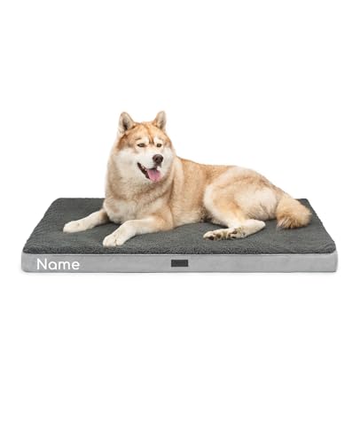 lionto Hundebett orthopädisch, 112x81x8 cm, Robustes Hundekissen mit weichem Plüsch, Bezug abnehmbar & waschbar, wasserabweisend, geeignet für kleine & große Hunde + Katzen, grau (Namensaufdruck) von lionto