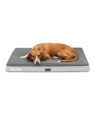 lionto Hundebett orthopädisch, 91x69x8 cm, Robustes Hundekissen mit weichem Plüsch, Bezug abnehmbar & waschbar, wasserabweisend, geeignet für kleine & große Hunde + Katzen, grau (Namensaufdruck) von lionto