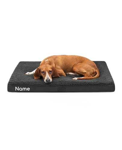 lionto Hundebett orthopädisch, 91x69x8 cm, Robustes Hundekissen mit weichem Plüsch, Bezug abnehmbar & waschbar, wasserabweisend, geeignet für kleine & große Hunde + Katzen, schwarz (Namensaufdruck) von lionto