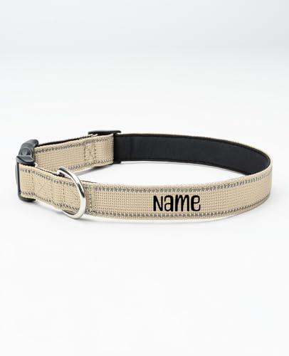 lionto Hundehalsband personalisiert aus strapazierfähigem Nylon, Größe L, reflektierendes Halsband für Hunde mit Name oder Telefonnummer, Metallring & stufenloser Schieber, beige (Wunschaufdruck) von lionto