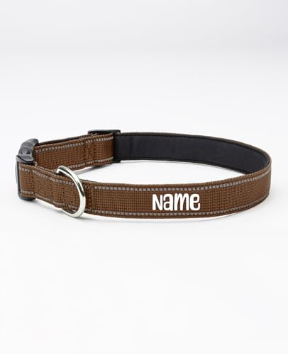 lionto Hundehalsband personalisiert aus strapazierfähigem Nylon, Größe S, reflektierendes Halsband für Hunde mit Name oder Telefonnummer, Metallring & stufenloser Schieber, braun (Wunschaufdruck) von lionto