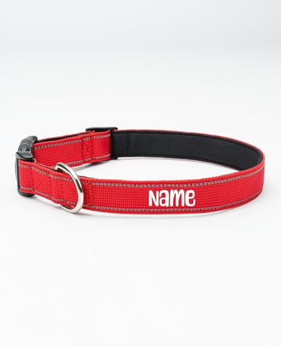 lionto Hundehalsband personalisiert aus strapazierfähigem Nylon, Größe S, reflektierendes Halsband für Hunde mit Name oder Telefonnummer, Metallring & stufenloser Schieber, rot (Wunschaufdruck) von lionto