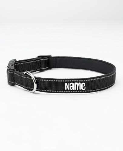 lionto Hundehalsband aus strapazierfähigem Nylon, Größe XL, gepolstertes Halsband für Hunde, 360° reflektierend & Klickverschluss, Metallring & Anpassung stufenloser Schieber, schwarz (Namensaufdruck) von lionto