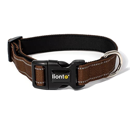 lionto Hundehalsband aus strapazierfähigem Nylon, Größe XL, weiches gepolstertes Halsband für Hunde, 360° reflektierend & Klickverschluss, Metallring & Anpassung durch stufenlosen Schieber, braun von lionto