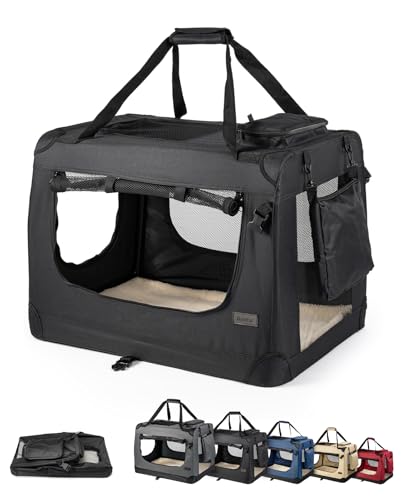 lionto Hundetransportbox faltbar für Reise & Auto, 90x61x65 cm, stabile Transportbox mit Tragegriffen & Decke für Katzen & Hunde bis 22 kg, robuste Hundebox aus Stoff für klein & groß, schwarz von lionto