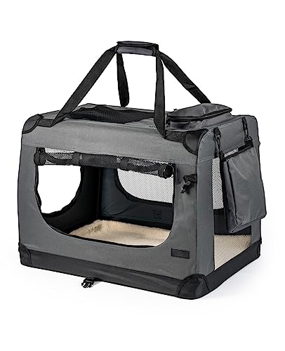lionto Hundetransportbox faltbar für Reise & Auto, 101x69x70 cm, stabile Transportbox mit Tragegriffen & Decke für Katzen & Hunde bis 25 kg, robuste Hundebox aus Stoff für klein & groß, grau von lionto