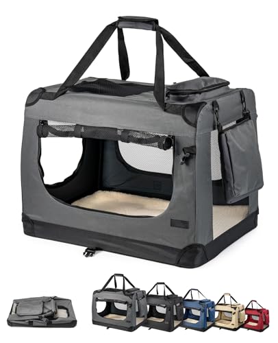 lionto Hundetransportbox faltbar für Reise & Auto, 101x69x70 cm, stabile Transportbox mit Tragegriffen & Decke für Katzen & Hunde bis 25 kg, robuste Hundebox aus Stoff für klein & groß, grau von lionto