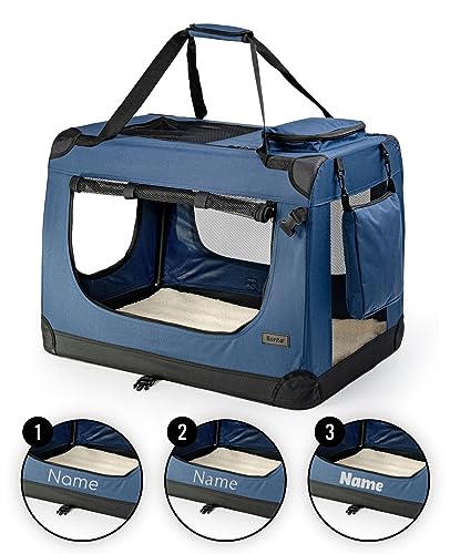 lionto Hundetransportbox faltbar für Reise & Auto, 70x52x50 cm, stabile Transportbox mit Griffen & Decke für Katzen & Hunde bis 15 kg, Hundebox aus Stoff für klein & groß, dunkelblau (Namensaufdruck) von lionto