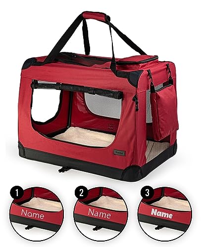 lionto Hundetransportbox faltbar für Reise & Auto, 60x42x44 cm, stabile Transportbox mit Griffen & Decke für Katzen & Hunde bis 12 kg, Hundebox aus Stoff für klein & groß, dunkelrot (Namensaufdruck) von lionto