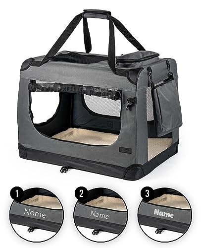 lionto Hundetransportbox faltbar für Reise & Auto, 50x34x36 cm, stabile Transportbox mit Tragegriffen & Decke für Katzen & Hunde bis 10 kg, Hundebox aus Stoff für klein & groß, grau (Namensaufdruck) von lionto