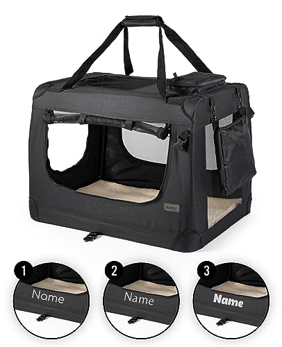 lionto Hundetransportbox faltbar für Reise & Auto, 50x34x36 cm, stabile Transportbox mit Griffen & Decke für Katzen & Hunde bis 10 kg, Hundebox aus Stoff für klein & groß, schwarz (Namensaufdruck) von lionto