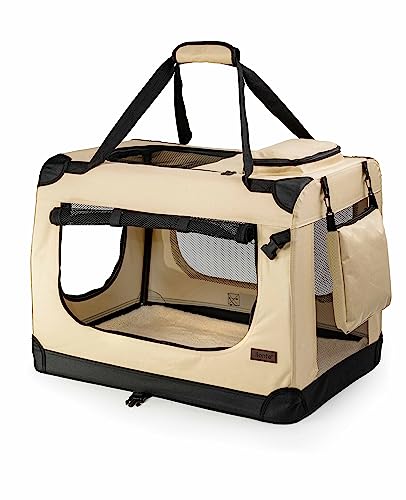 lionto Hundetransportbox faltbar für Reise & Auto, 82x58x58 cm, stabile Transportbox mit Tragegriffen & Decke für Katzen & Hunde bis 18 kg, robuste Hundebox aus Stoff für klein & groß, beige von lionto