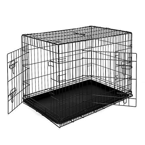 lionto Tiertransportbox für Hunde und Katzen, vielseitiger Transportkäfig mit hygienischer Kunststoffwanne, 92x58x64 cm, Hundebox aus Metall mit stabilen Sicherheitsverschlüssen & Trennwand, schwarz von lionto
