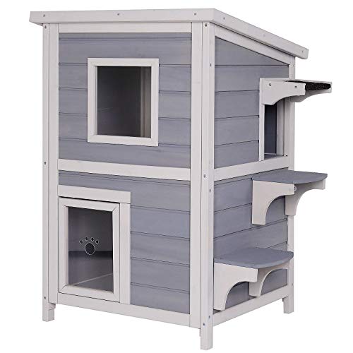 lionto Outdoor Katzenhaus zum Spielen und Ausruhen, Holzhaus für Katzen mit wetterfestem Bitumendach, 56x52x82 cm, Fenster und 3 Zugängen, robuste Katzenhütte mit Aufbauanleitung, grau/weiß von lionto