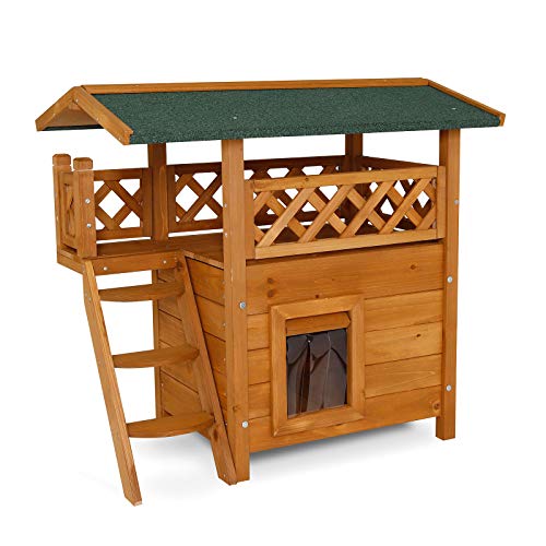 lionto Katzenhaus mit Terrasse und Treppe, Outdoor Lodge für Katzen aus robustem Holz bietet Schutz vor Witterung, 77x50x73 cm, PVC-Lamellen schützen vor Wind, Montageanleitung mitgeliefert, braun von lionto