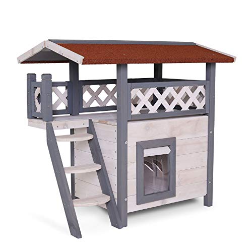 lionto Katzenhaus mit Terrasse und Treppe, Outdoor Lodge für Katzen aus robustem Holz bietet Schutz vor Witterung, 77x50x73 cm, PVC-Lamellen schützen vor Wind, Montageanleitung mitgeliefert, grau/weiß lionto Katzenhaus mit Terrasse und Treppe, Outdoor Lodge für Katzen aus robustem Holz bietet Schutz vor Witterung, 77x50x73 cm, PVC-Lamellen schützen vor Wind, Montageanleitung mitgeliefert, grau/weiß von lionto