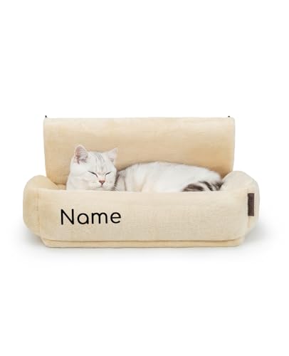 lionto Katzenheizungsliege mit kuscheligem Plüschbezug, Katzenbett zum Einhängen mit Metallhaken für alle gängigen Heizungen, waschbare und gemütliche Katzenhängematte, beige (Namensaufdruck) von lionto