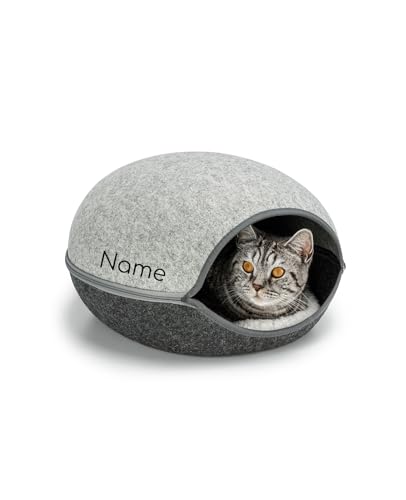 lionto Katzenhöhle aus robustem Filz, gemütliche Kuschelhöhle mit Reißverschluss für Katzen, 46x38x24 cm, Komfortables und modernes Katzenbett mit weichem und waschbarem Kissen, grau (Namensaufdruck) lionto Katzenhöhle aus robustem Filz, gemütliche Kuschelhöhle mit Reißverschluss für Katzen, 46x38x24 cm, Komfortables und modernes Katzenbett mit weichem und waschbarem Kissen, grau (Namensaufdruck) von lionto