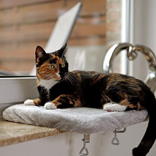 lionto Fensterliege für Katzen gepolstert aus Plüsch, 35x50 cm, Katzenbett für Fensterbänke, Montage ohne Bohren, Abnehmbarer und waschbarer Bezug, belastbar bis 15 kg, hellgrau (Namensaufdruck) von lionto