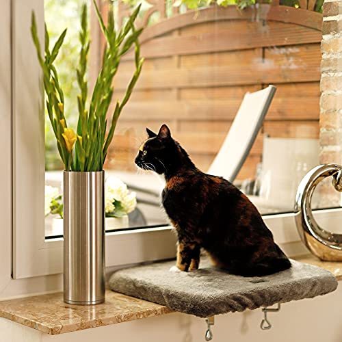 lionto Fensterliege für Katzen gepolstert aus Plüsch, 35x50 cm, Katzenbett für Fensterbänke, Montage ohne Bohren, Abnehmbarer und waschbarer Bezug, belastbar bis 15 kg, dunkelgrau von lionto